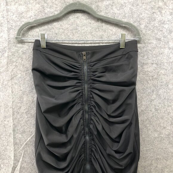 Gracia Ruched Zipper Front Midi Skirt Womens S Black Ruffle Bodycon Avant Garde - Picture 3 of 11